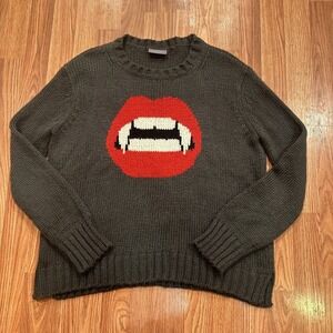 WOODEN SHIPS S/M Vampire Lips Gray Sweater Halloween. Grunge Lips Wool Blend